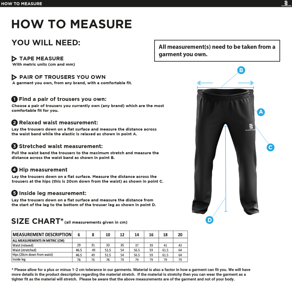 Clumber Park CC - Ripstop Track Pant - Navy - Women's/Girls Fit - Size Guide