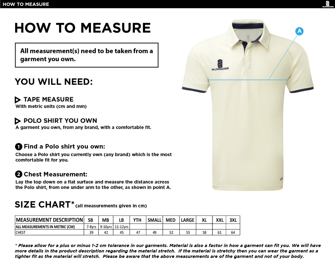 Clumber Park CC - Short Sleeved Tek shirt - Size Guide