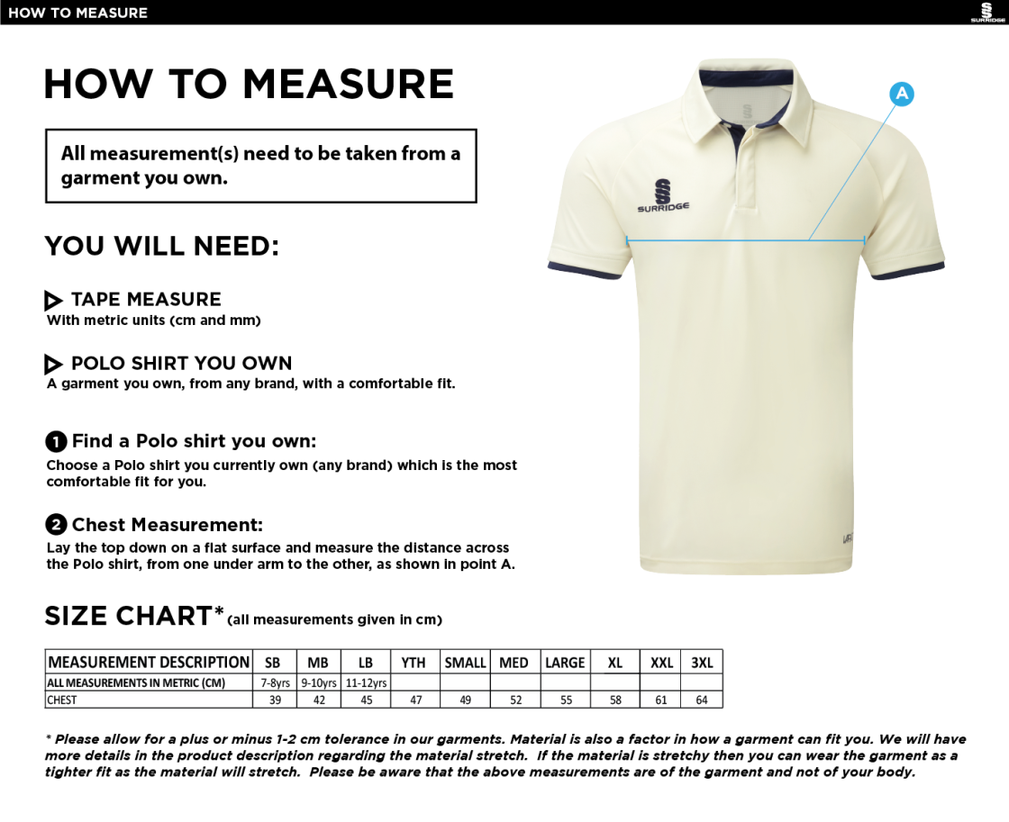 Clumber Park Cricket Club ss Tek shirt - Size Guide