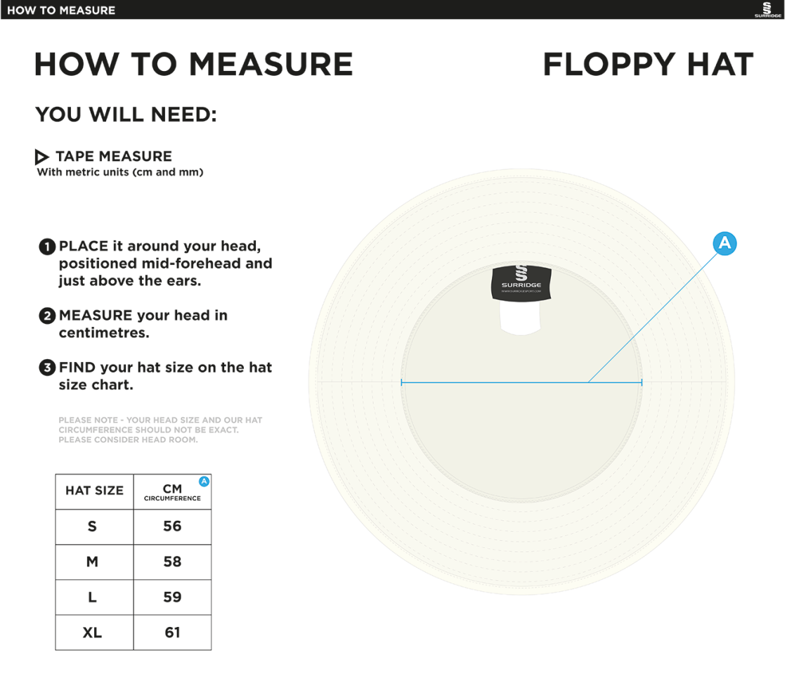 Clumber Park CC - Floppy Hat - Ivory - Size Guide