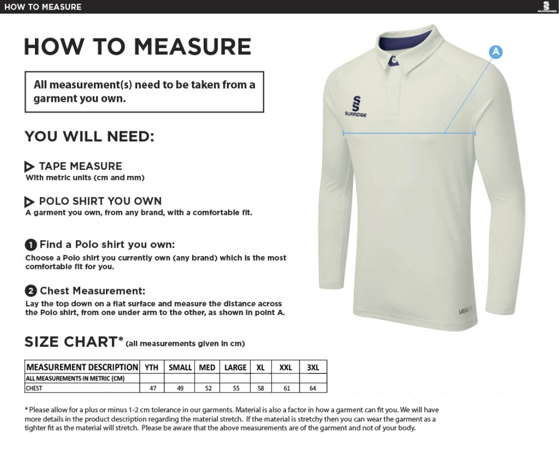 Clumber Park CC - Long Sleeved Tek shirt - Size Guide
