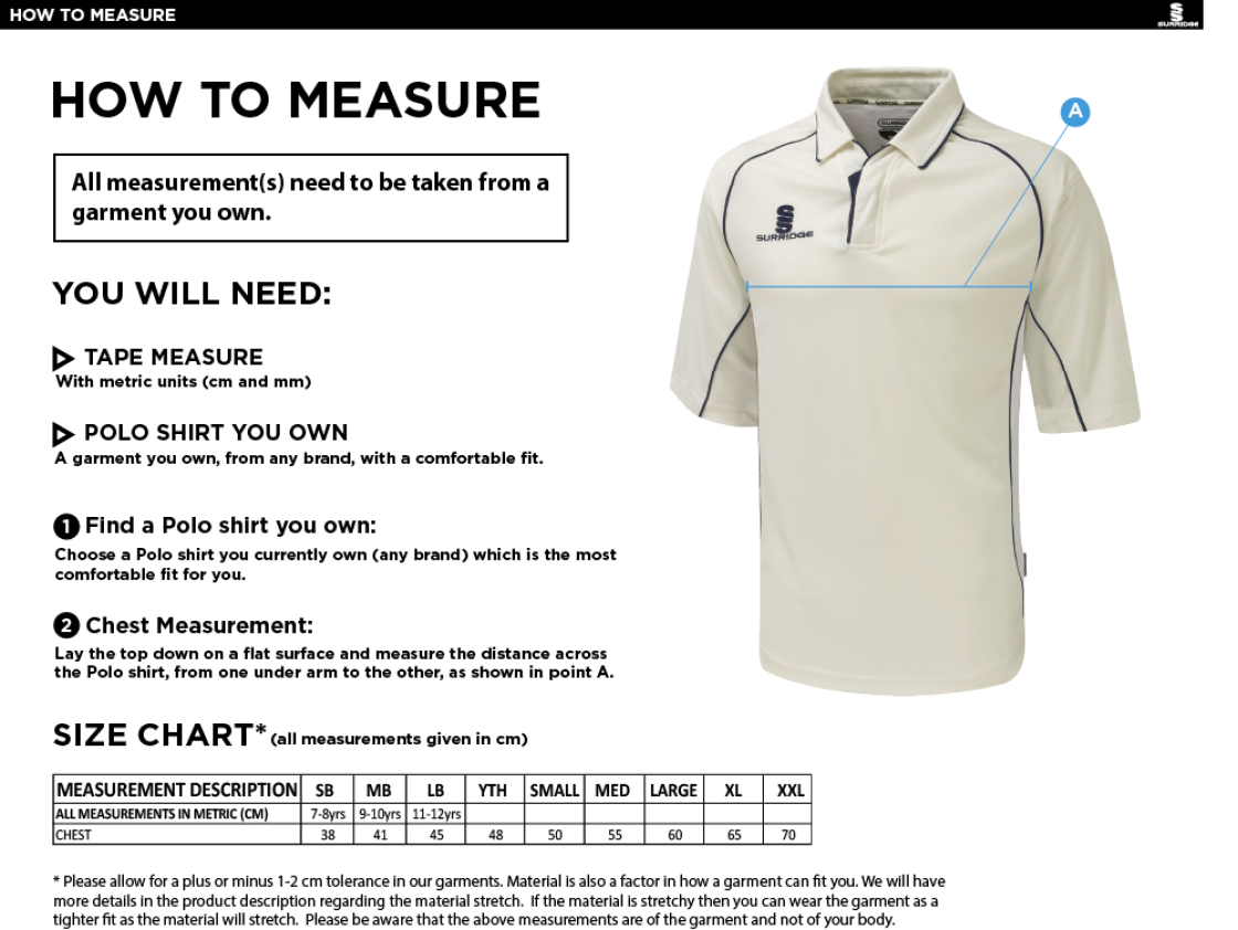 Clumber Park Cricket Club 3/4 premier shirt - Size Guide