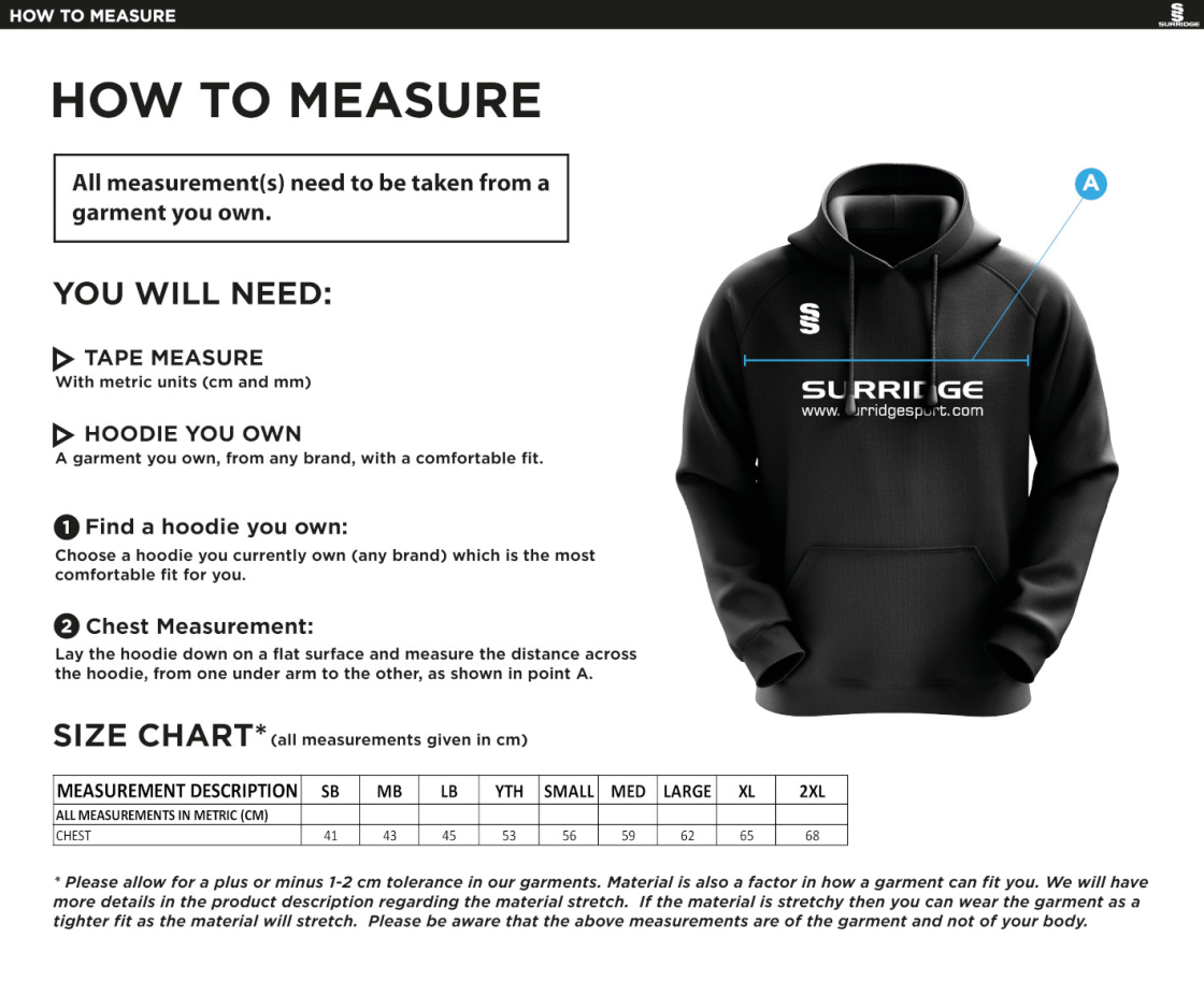 Clumber Park Cricket Club blade hoody - Size Guide