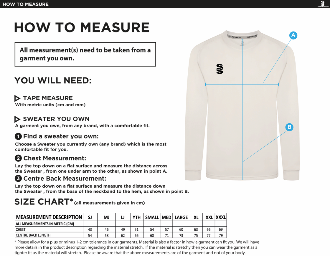 Clumber Park CC - Blast Long Sleeve Cricket Sweater - Size Guide