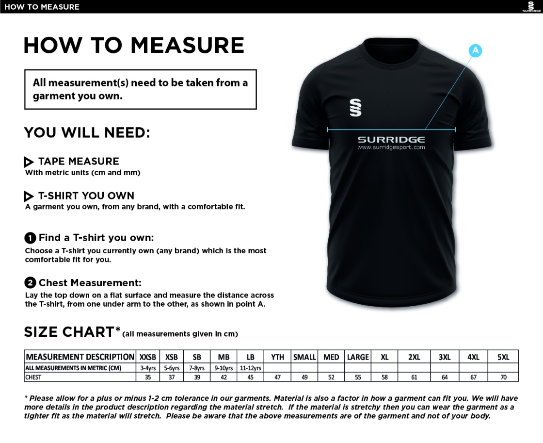Clumber Park Cricket Club blade training shirt - Size Guide