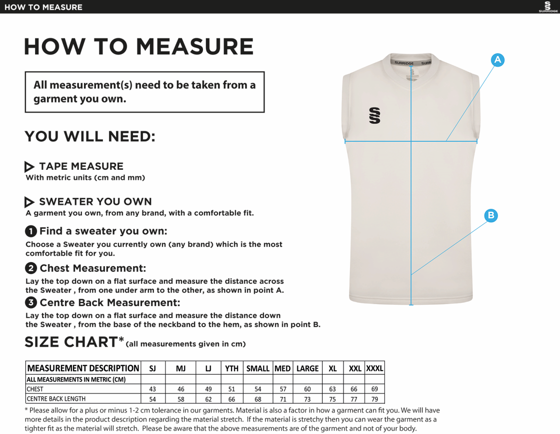 Clumber Park CC - Blast Sleeveless Cricket Sweater - Size Guide