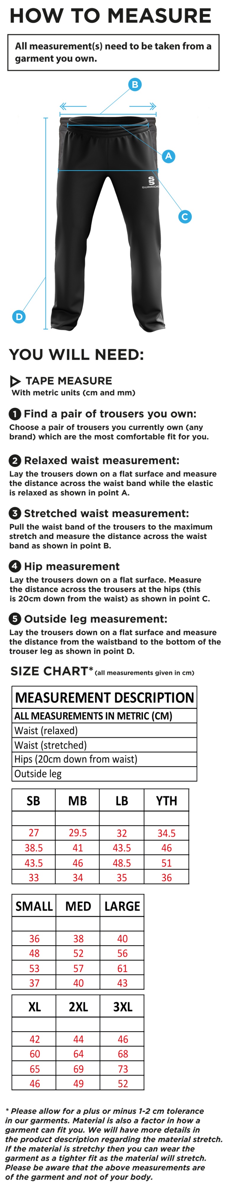 Clumber Park CC - Rip Stop Tracksuit Pants - Unisex Fit - Size Guide