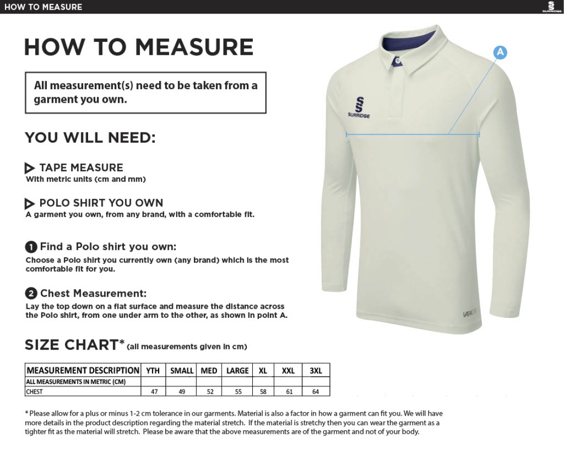 Clumber Park Cricket Club ls Tek shirt - Size Guide