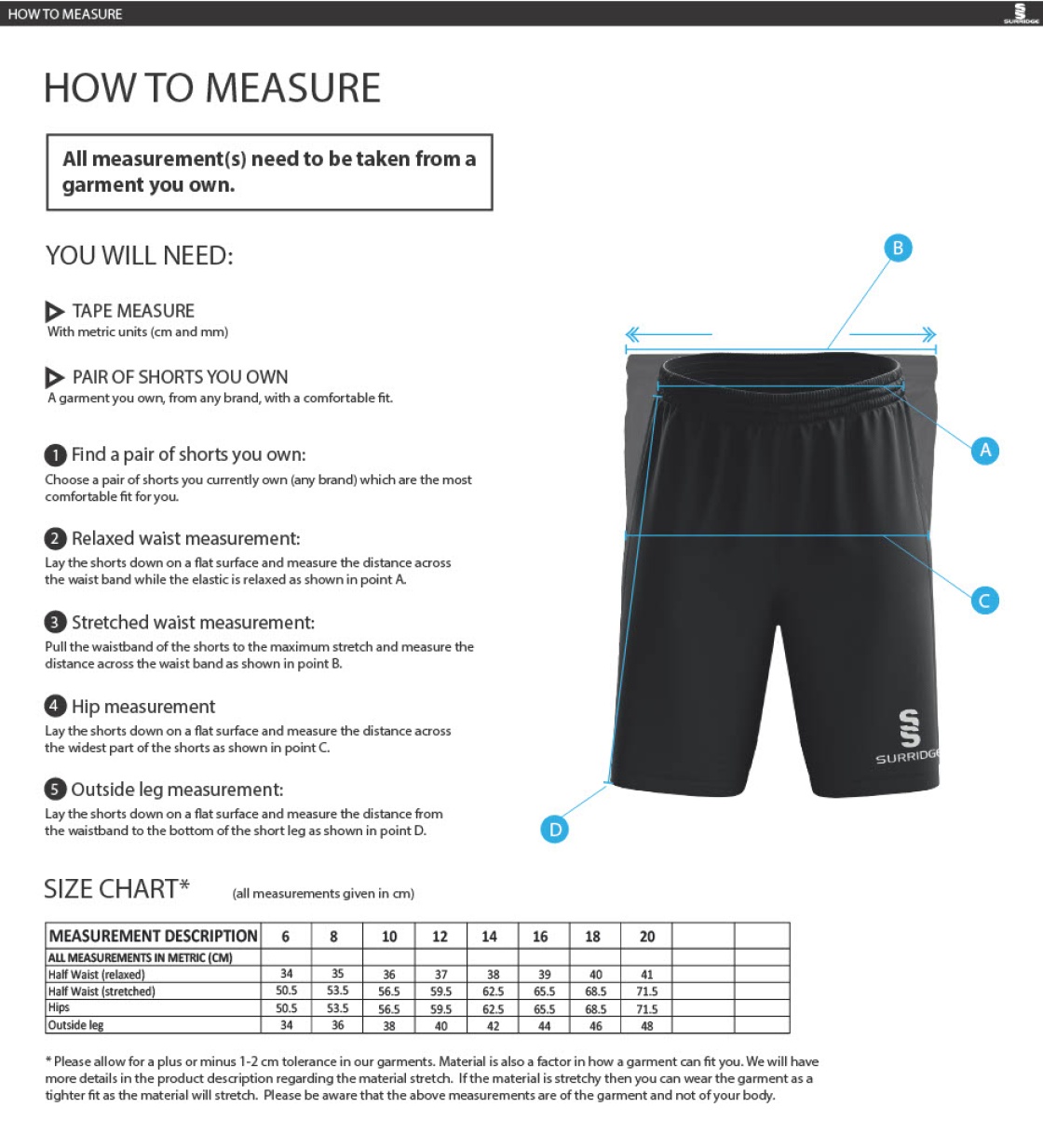 Clumber Park CC - Ripstop Pocketed Shorts - Black - Women's/Girls Fit - Size Guide