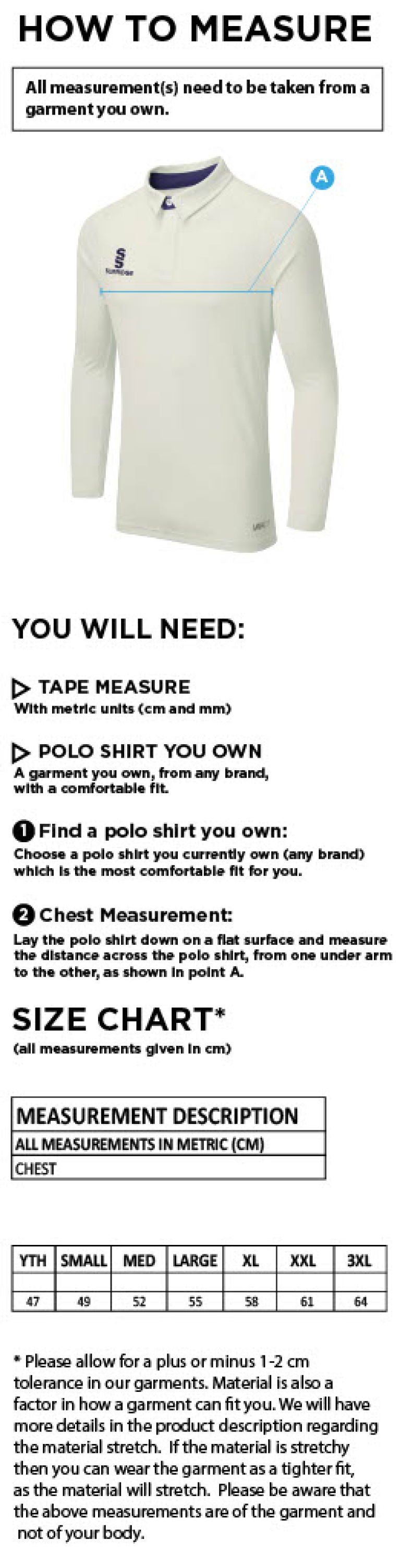 Clumber Park CC - Long Sleeved Tek shirt - Size Guide