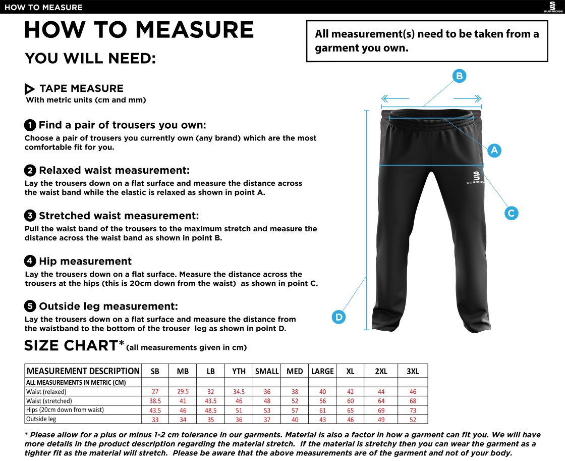 Clumber Park CC - Rip Stop Tracksuit Pants - Unisex Fit - Size Guide