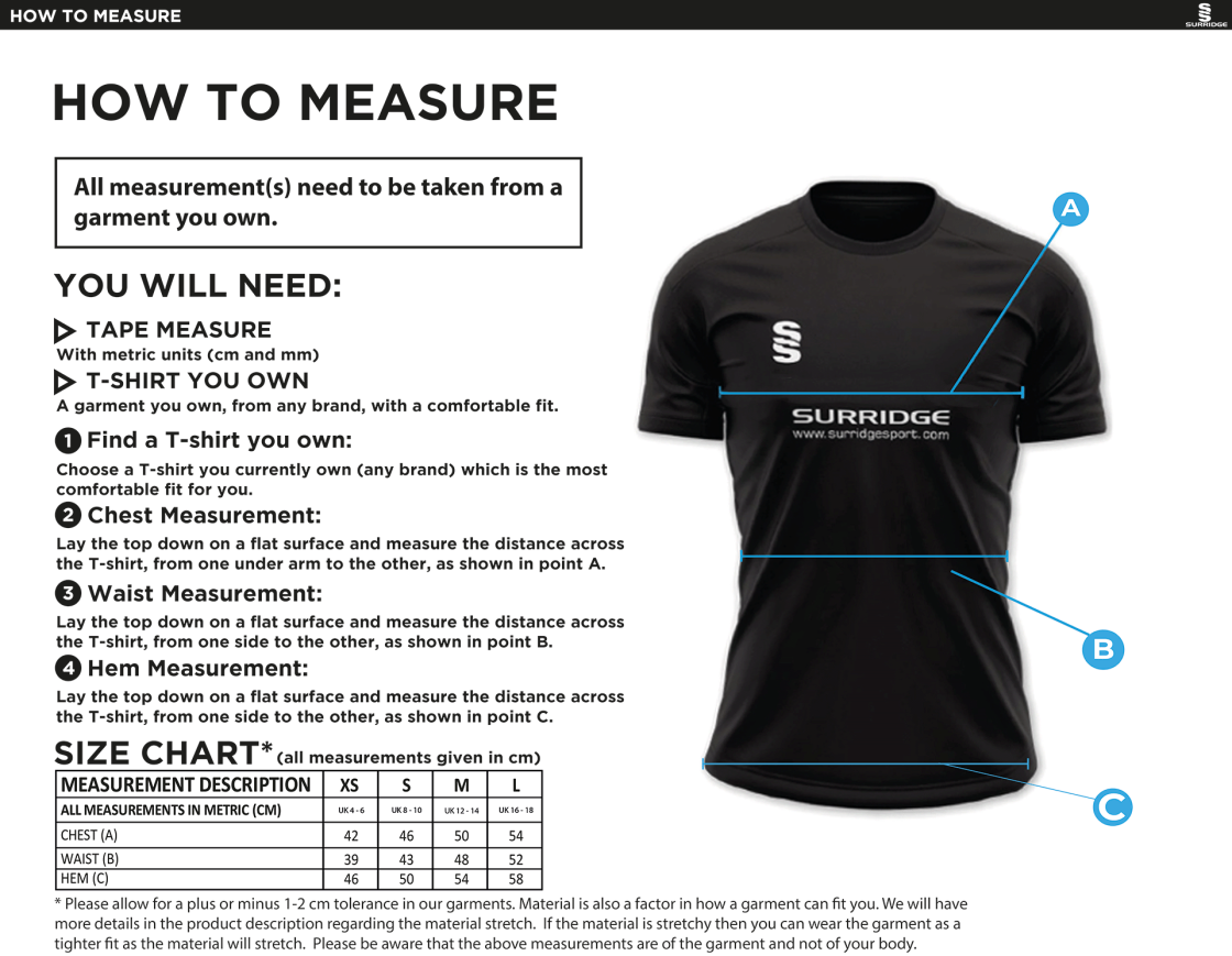 Clumber Park CC - Dual Solid Colour Polo - Black - Women's/Girls Fit - Size Guide