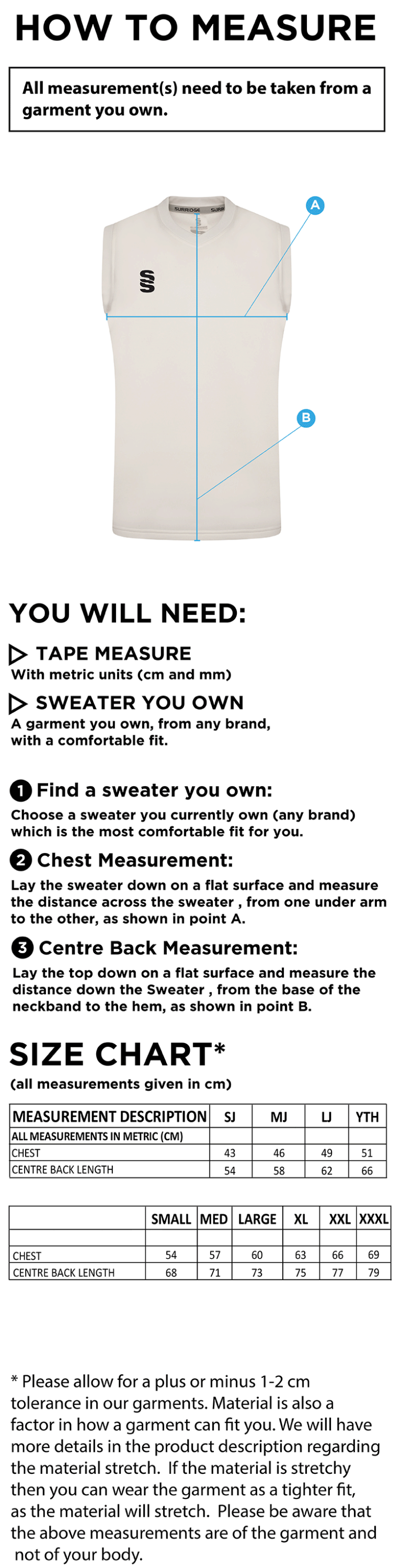 Clumber Park CC - Blast Sleeveless Cricket Sweater - Size Guide