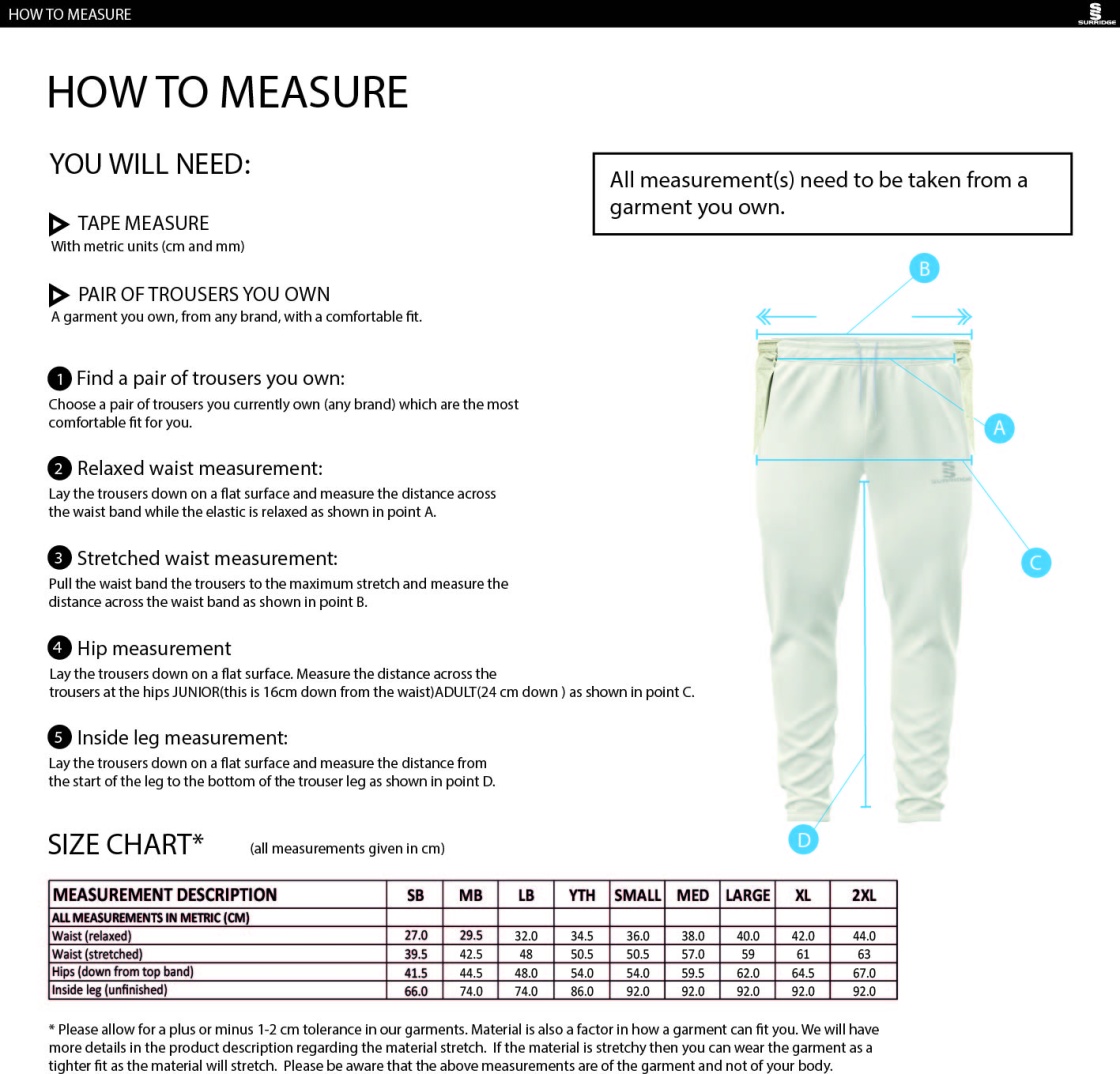 Clumber Park CC - Tek Playing Trousers - Size Guide