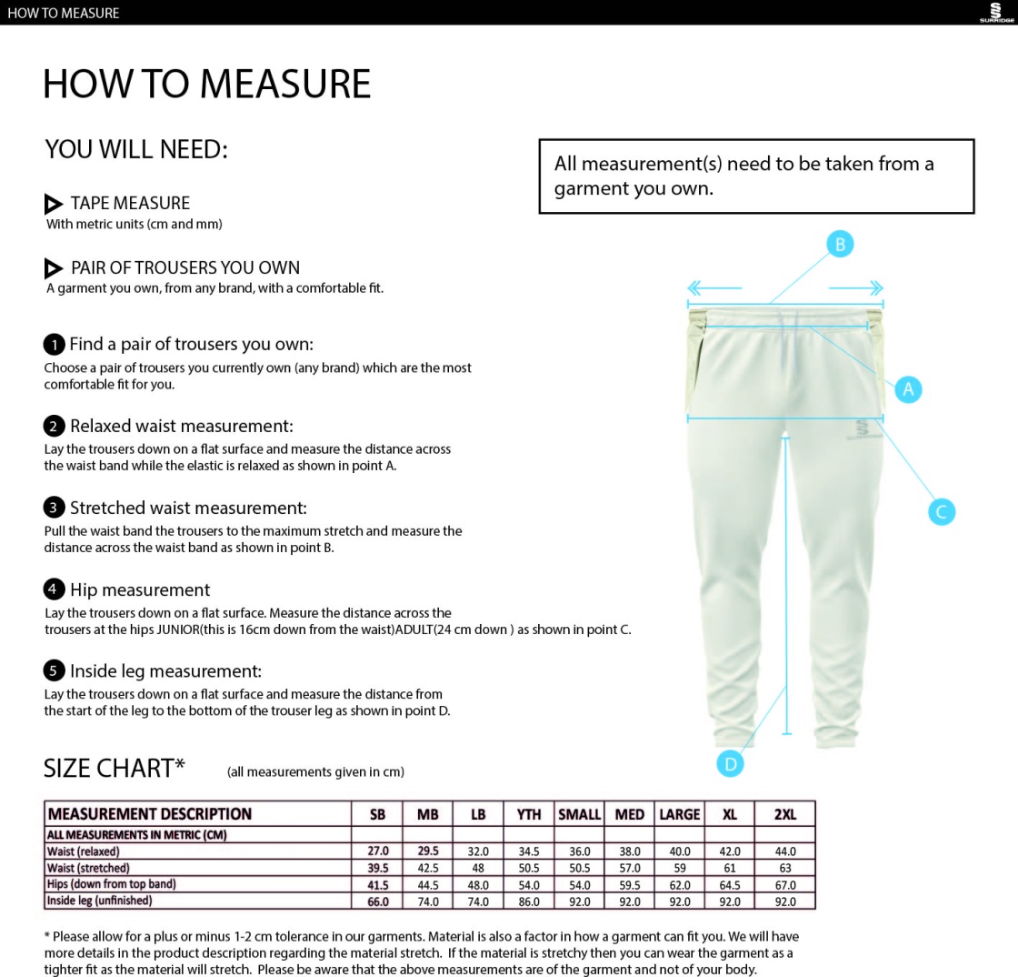 Clumber Park Cricket Club tek playing trousers - Size Guide