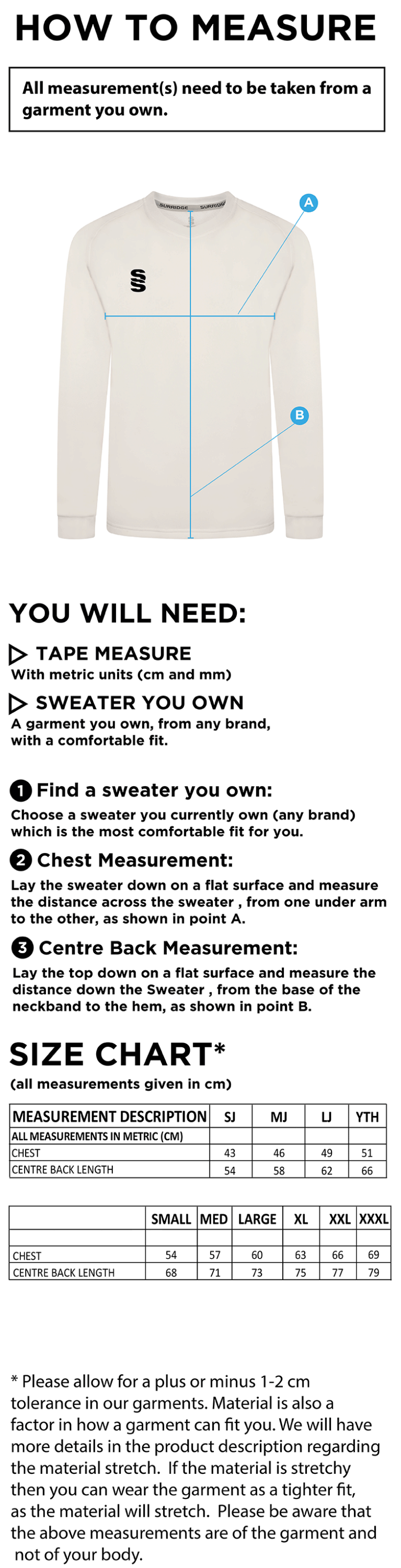 Clumber Park CC - Blast Long Sleeve Cricket Sweater - Size Guide