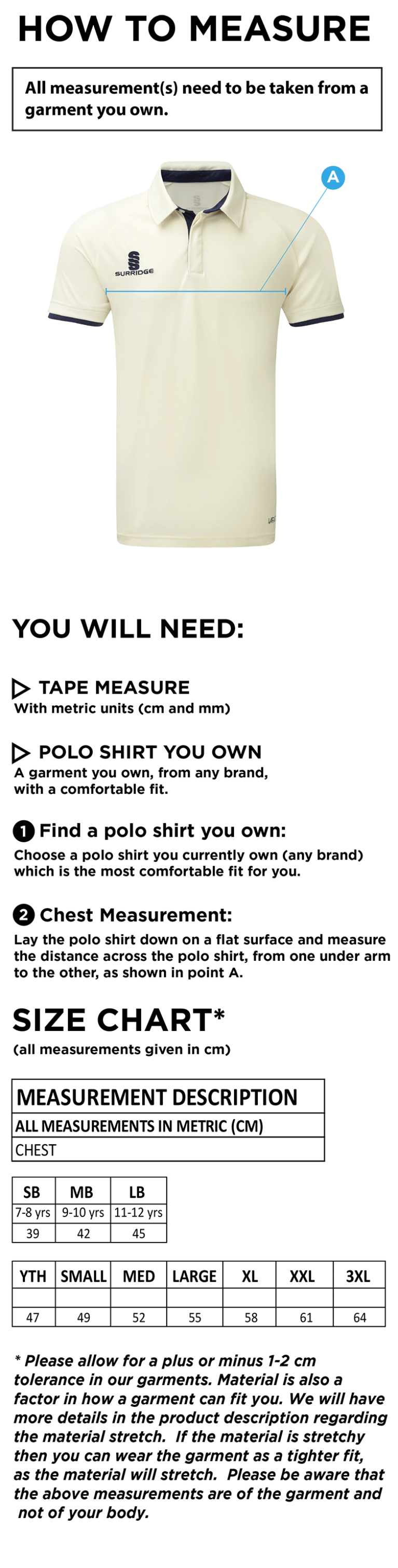 Clumber Park CC - Short Sleeved Tek shirt - Size Guide