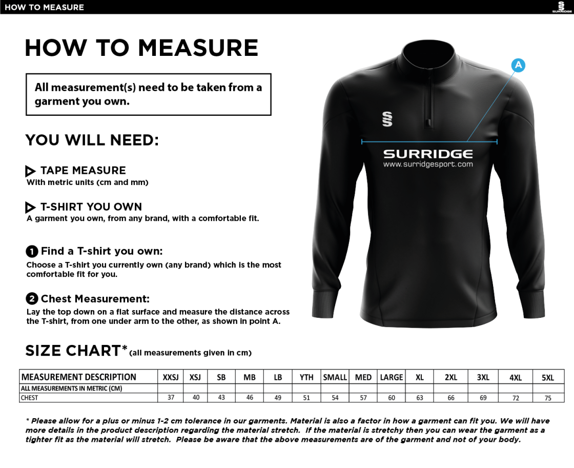 Clumber Park Cricket Club blade performance top - Size Guide