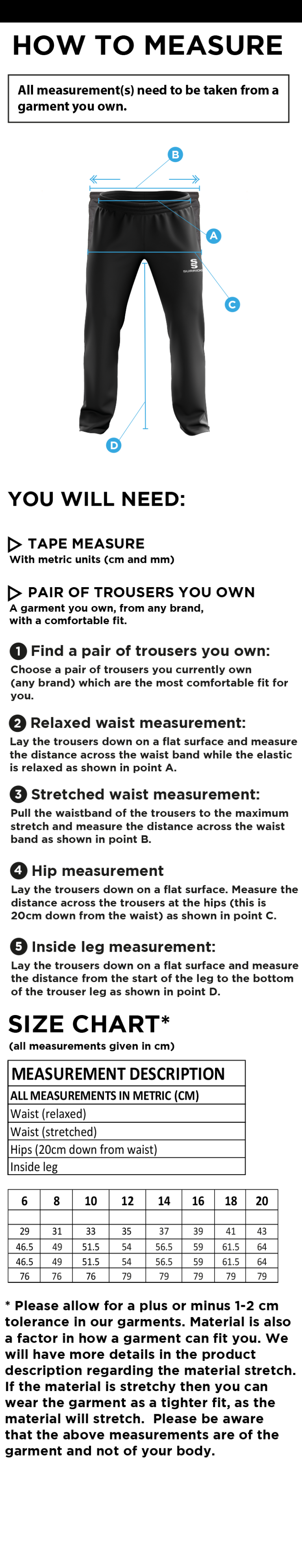 Clumber Park CC - Ripstop Track Pant - Navy - Women's/Girls Fit - Size Guide