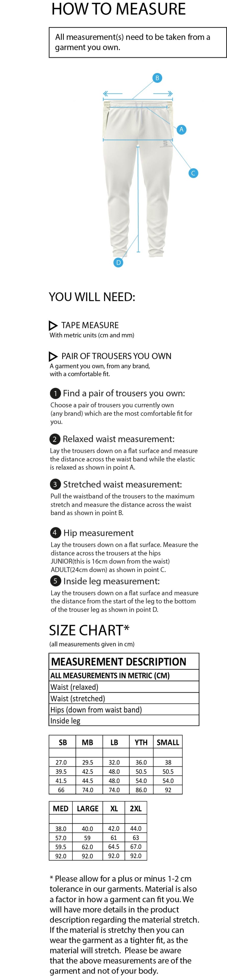 Clumber Park CC - Tek Playing Trousers - Size Guide