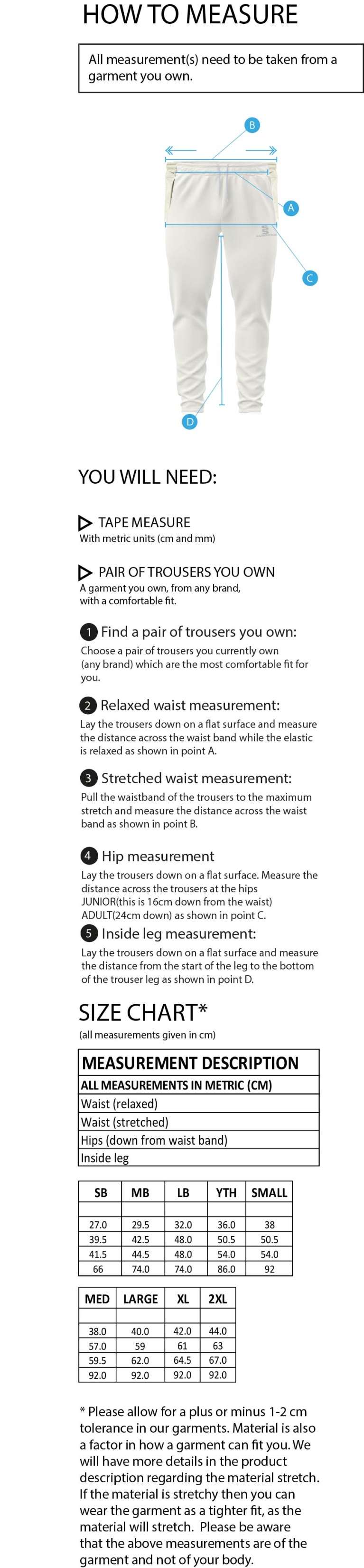 Clumber Park Cricket Club tek playing trousers - Size Guide