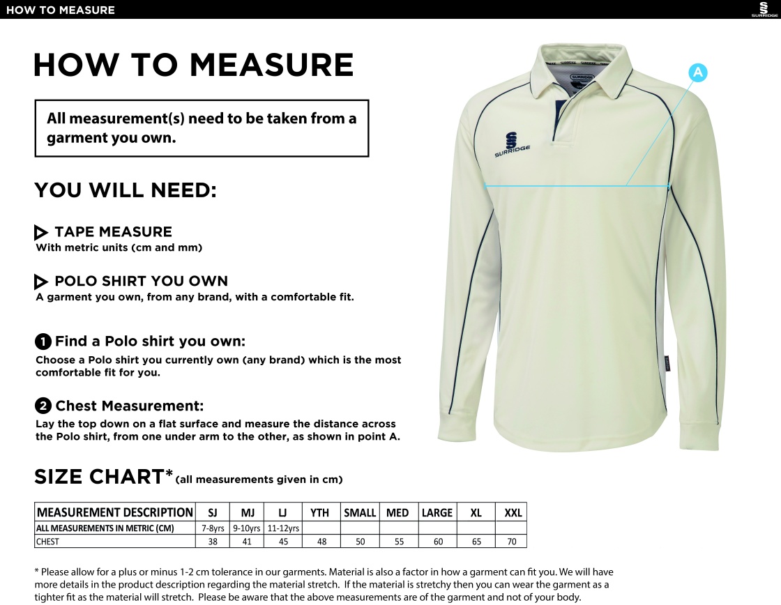 Clumber Park Cricket Club premier long sleeve shirt - Size Guide