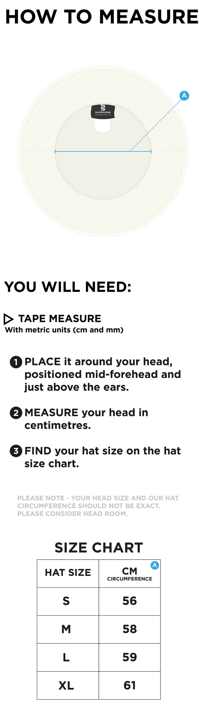 Clumber Park CC - Floppy Hat - Ivory - Size Guide