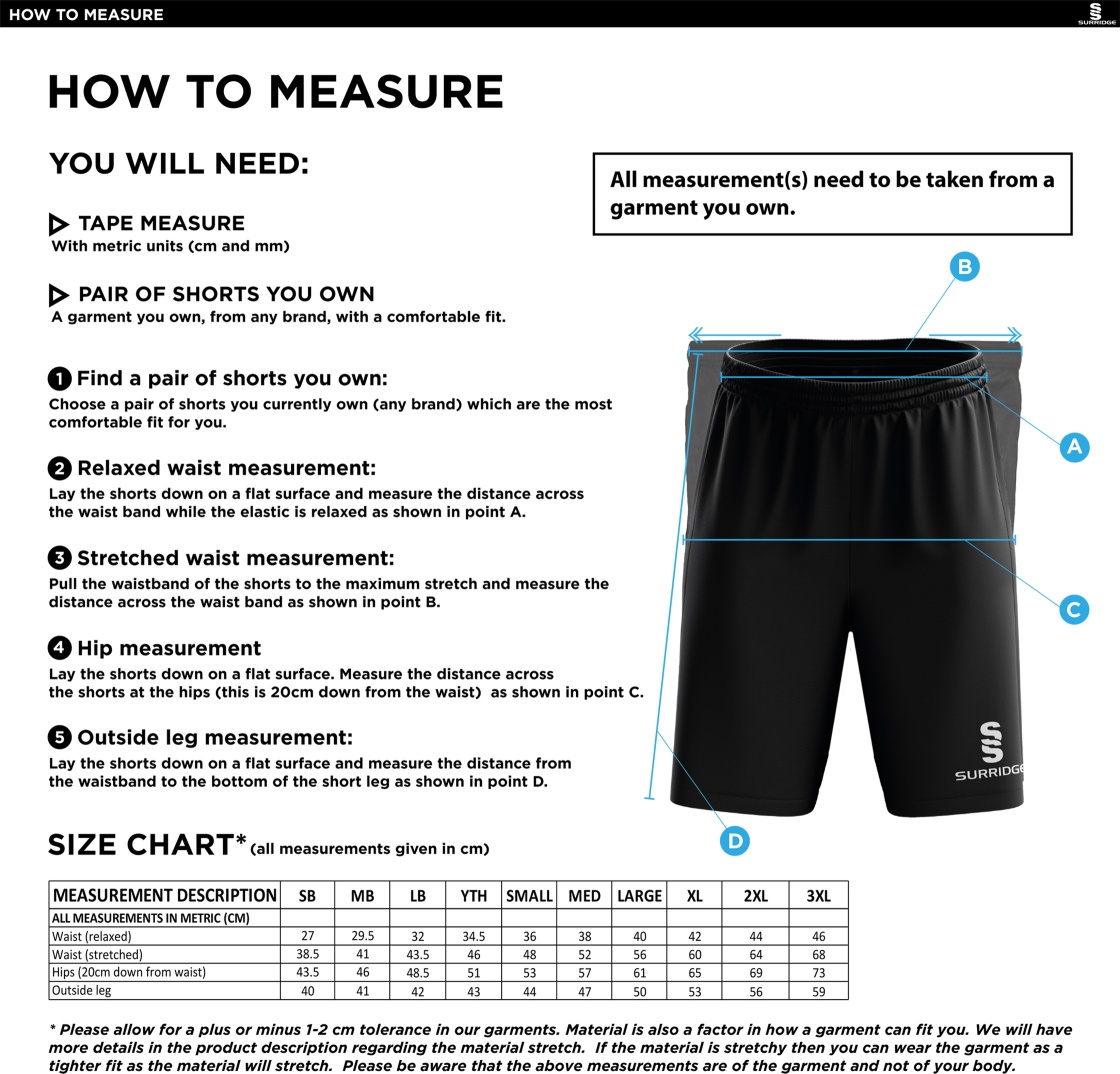 Clumber Park CC - Ripstop Pocketed Shorts - Black - Unisex Fit - Size Guide