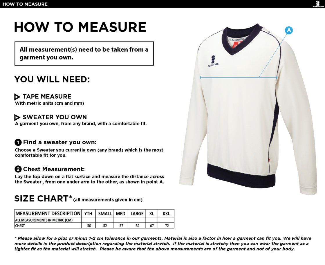 Clumber Park Cricket Club long sleeve sweater - Size Guide